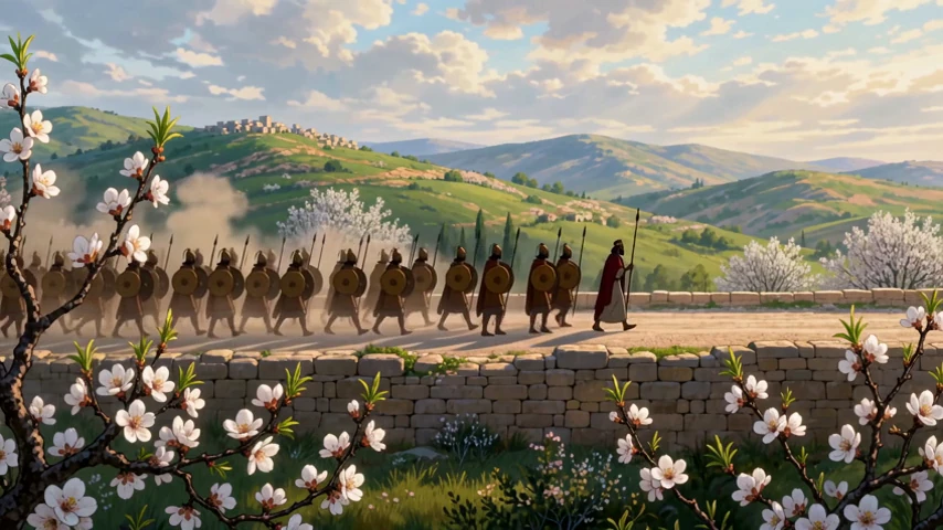 An army moving through a sunlit landscape