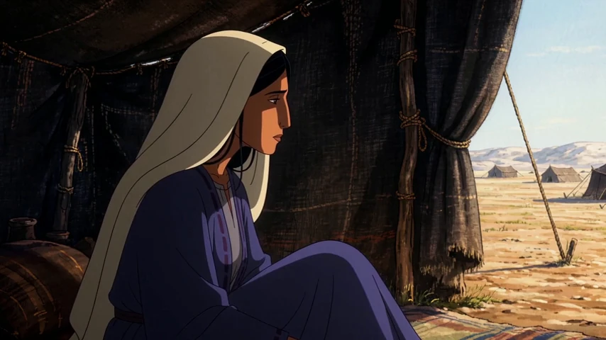 Hagar seated inside a tent, looking out toward the desert