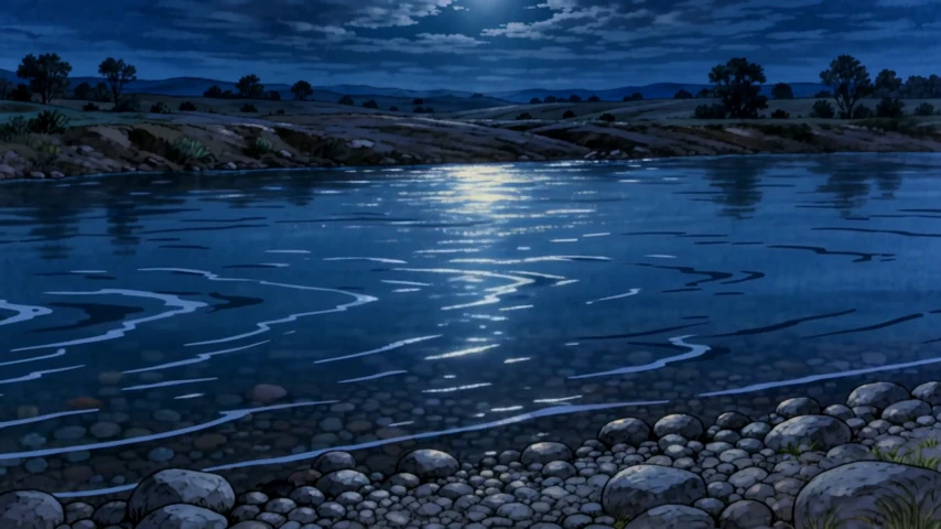 Moonlight reflected across water in a quiet landscape